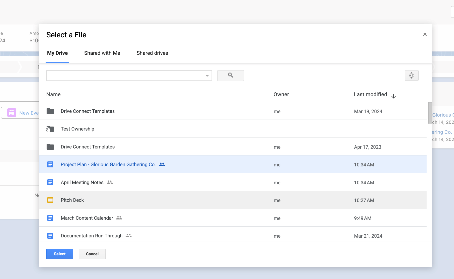 The native Google picker in Salesforce to select your file.